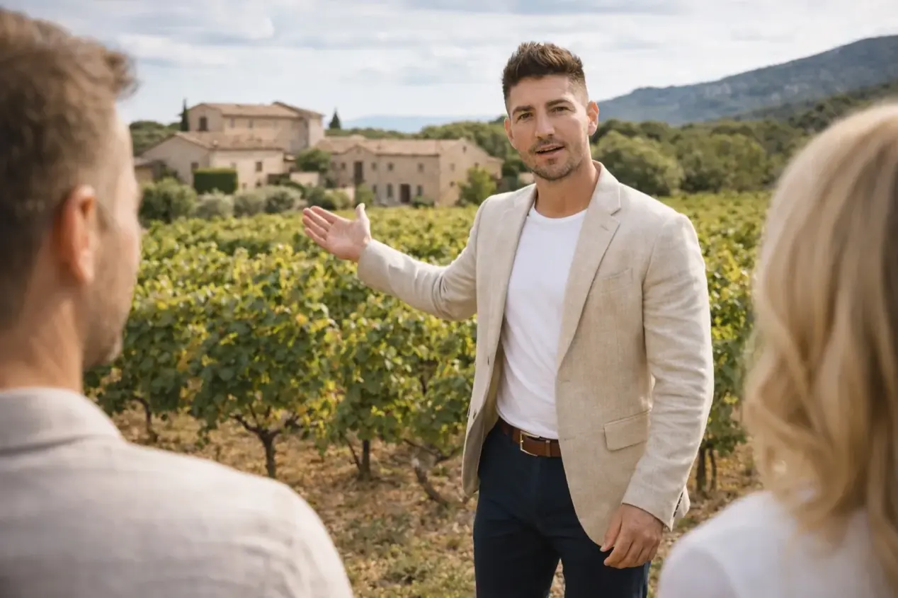 Clément Séraphin en visite de domaine avec des clients